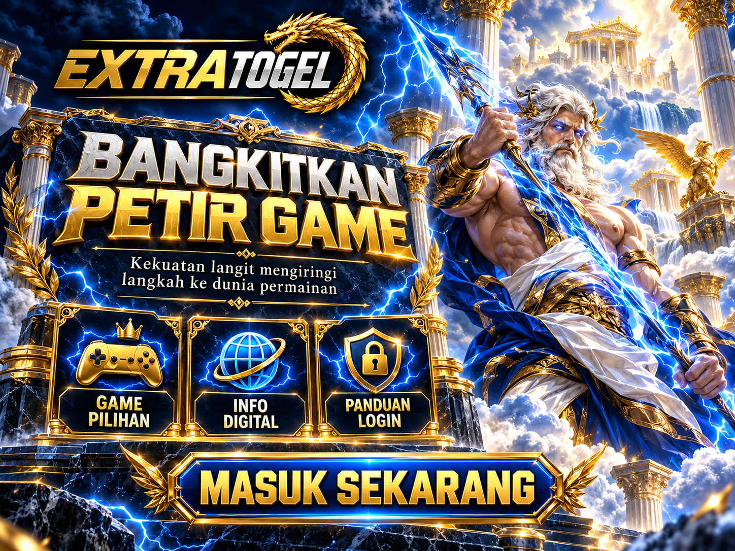 Banner EXTRATOGEL dengan dewa petir orisinal di antara pilar Olympus, kilat biru, dan awan emas